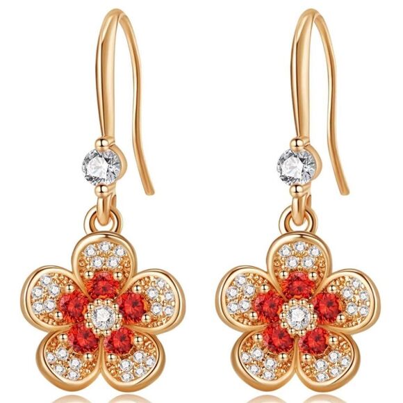 14K Yellow Gold with Ruby Red and Diamond Austrian Crystal Flower Hook Earrings